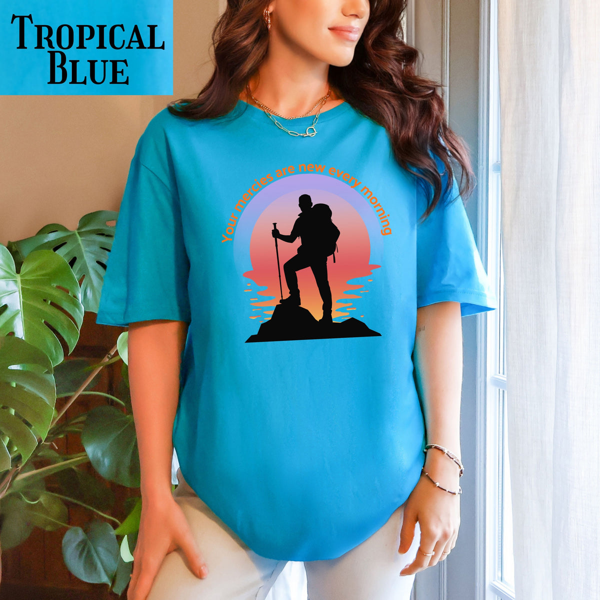 Your Mercies Are New Every Morning T-Shirt | Hiker Silhouette Sunrise Faith Tee