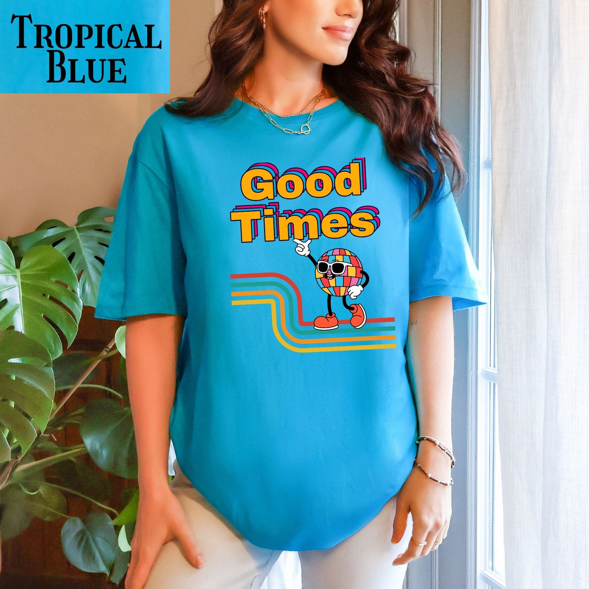 Good Times Retro Disco Character T-Shirt | 70s Vibes, Rainbow Typography