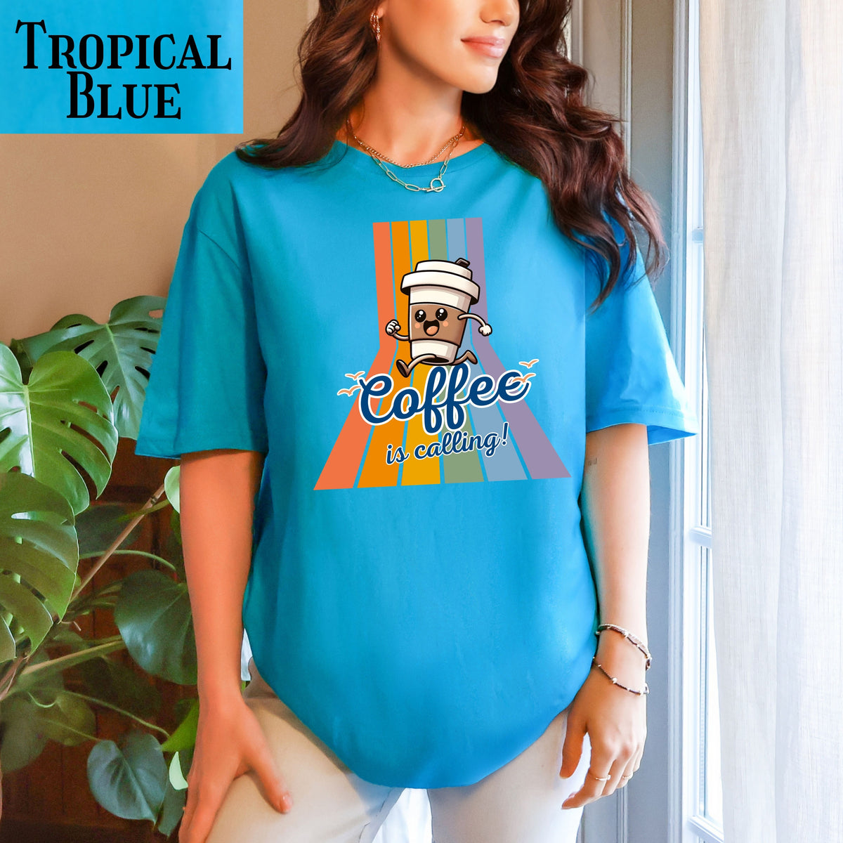 Coffee Is Calling graphic tee | Coffee cup character retro rainbow T-Shirt