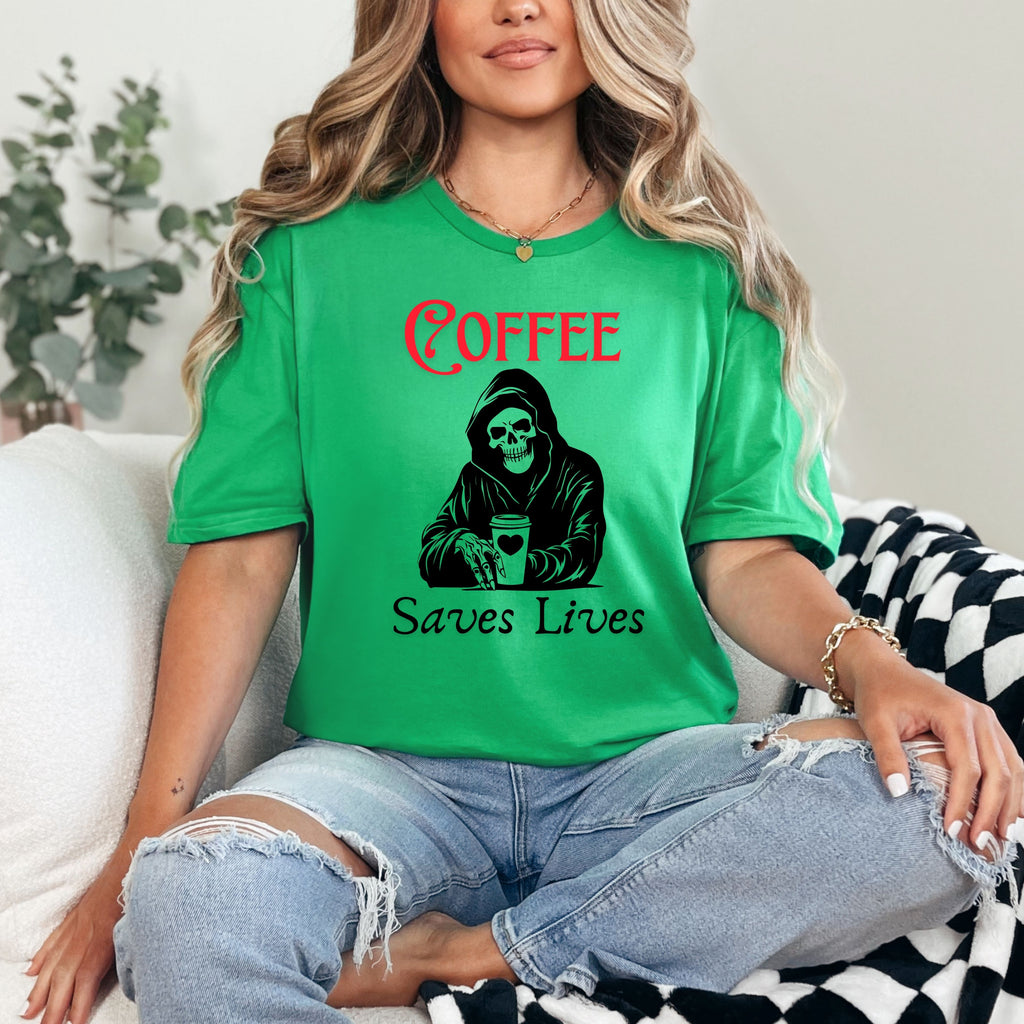 Funny Coffee Lover T-Shirt, Dark Humor Caffeine Addict Gift, Coffee Art, Unisex Casual Tee for Coffee Enthusiasts, Spooky Coffee Shirt