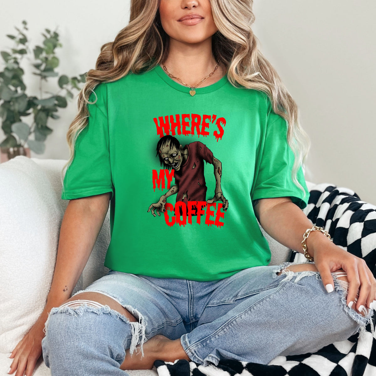 Funny Zombie Coffee T-Shirt, Halloween Graphic Tee for Coffee Lovers, Dark Humor, Gift for Him Her, Casual Outfits, Zombie Enthusiasts