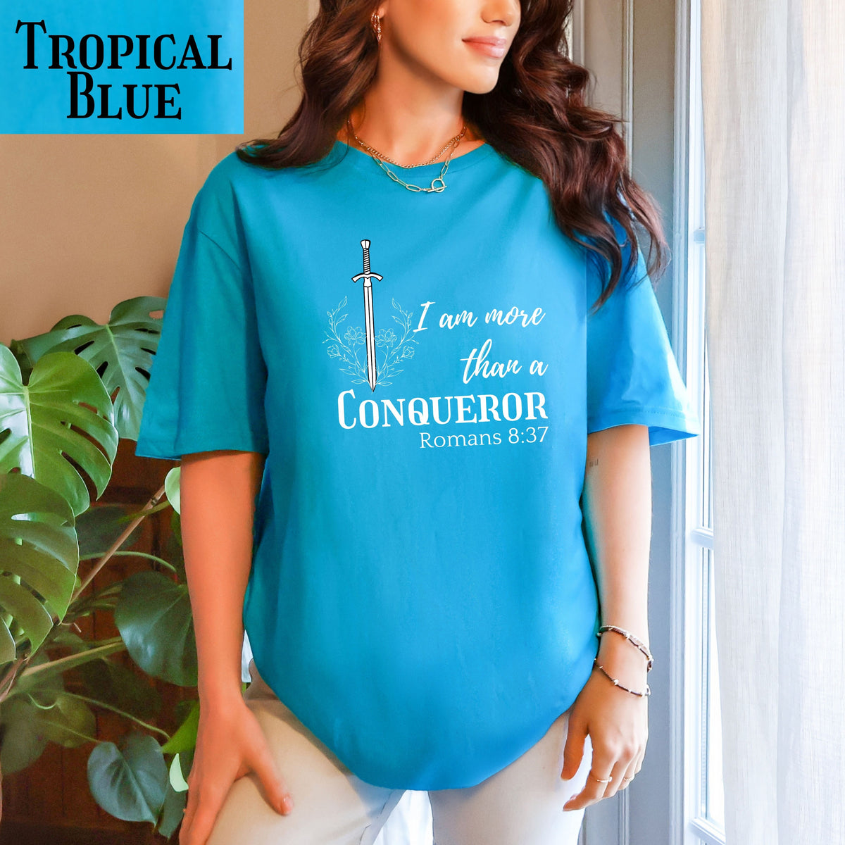 Faith-inspired floral shirt, I Am More Than A Conqueror T-Shirt, Romans 8:37, Christian Tee