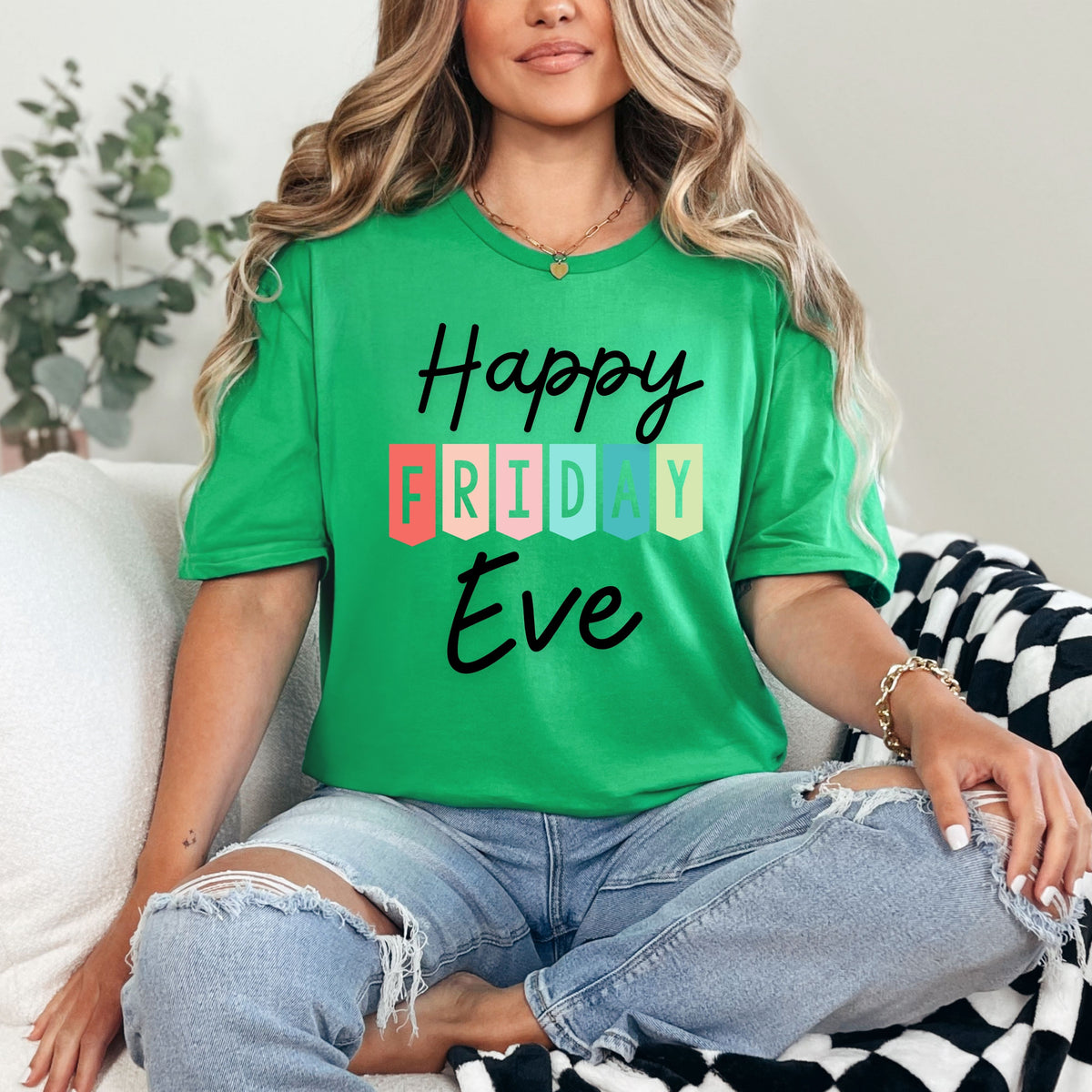 Happy Friday Eve T-Shirt | Colorful Block Letter Weekend Shirt