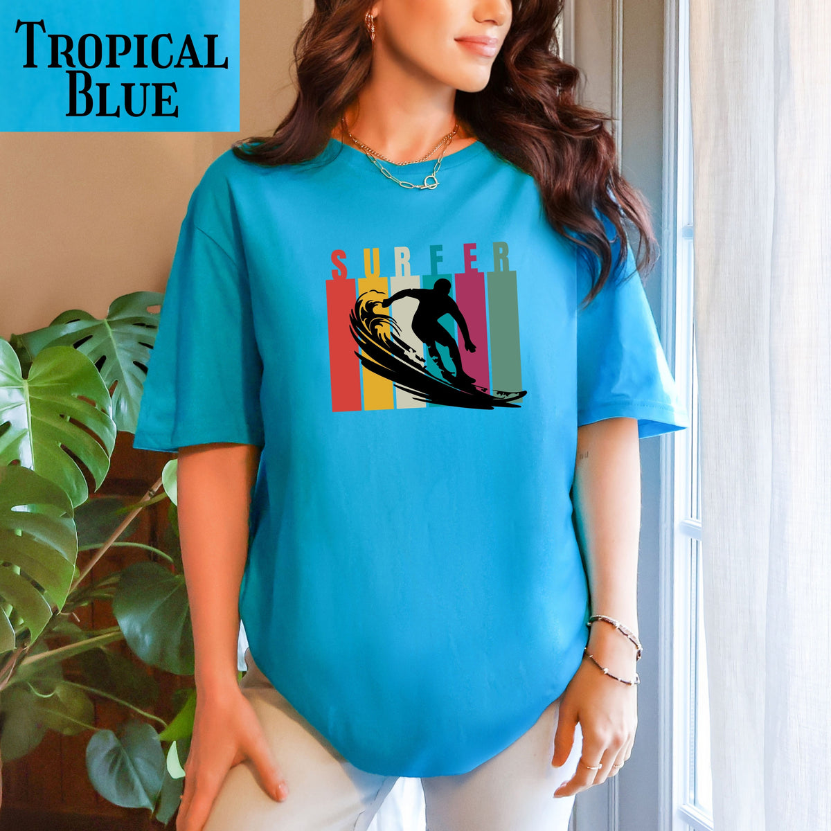 Retro Surfer Graphic T-Shirt — Vintage Striped Wave Tee