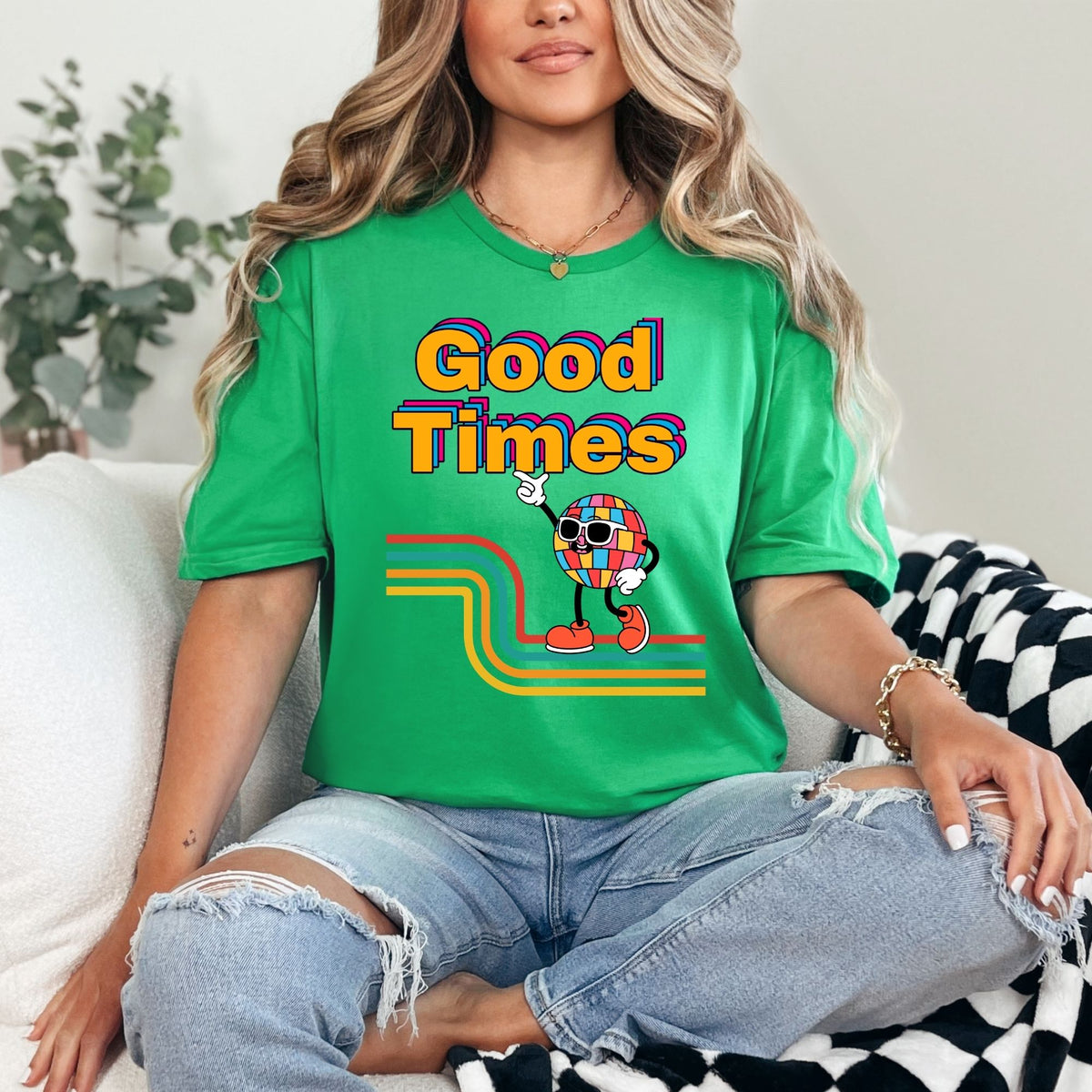 Good Times Retro Disco Character T-Shirt | 70s Vibes, Rainbow Typography