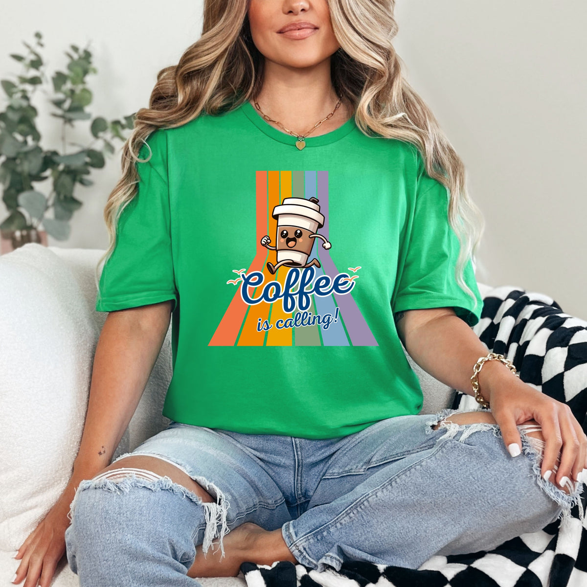 Coffee Is Calling graphic tee | Coffee cup character retro rainbow T-Shirt