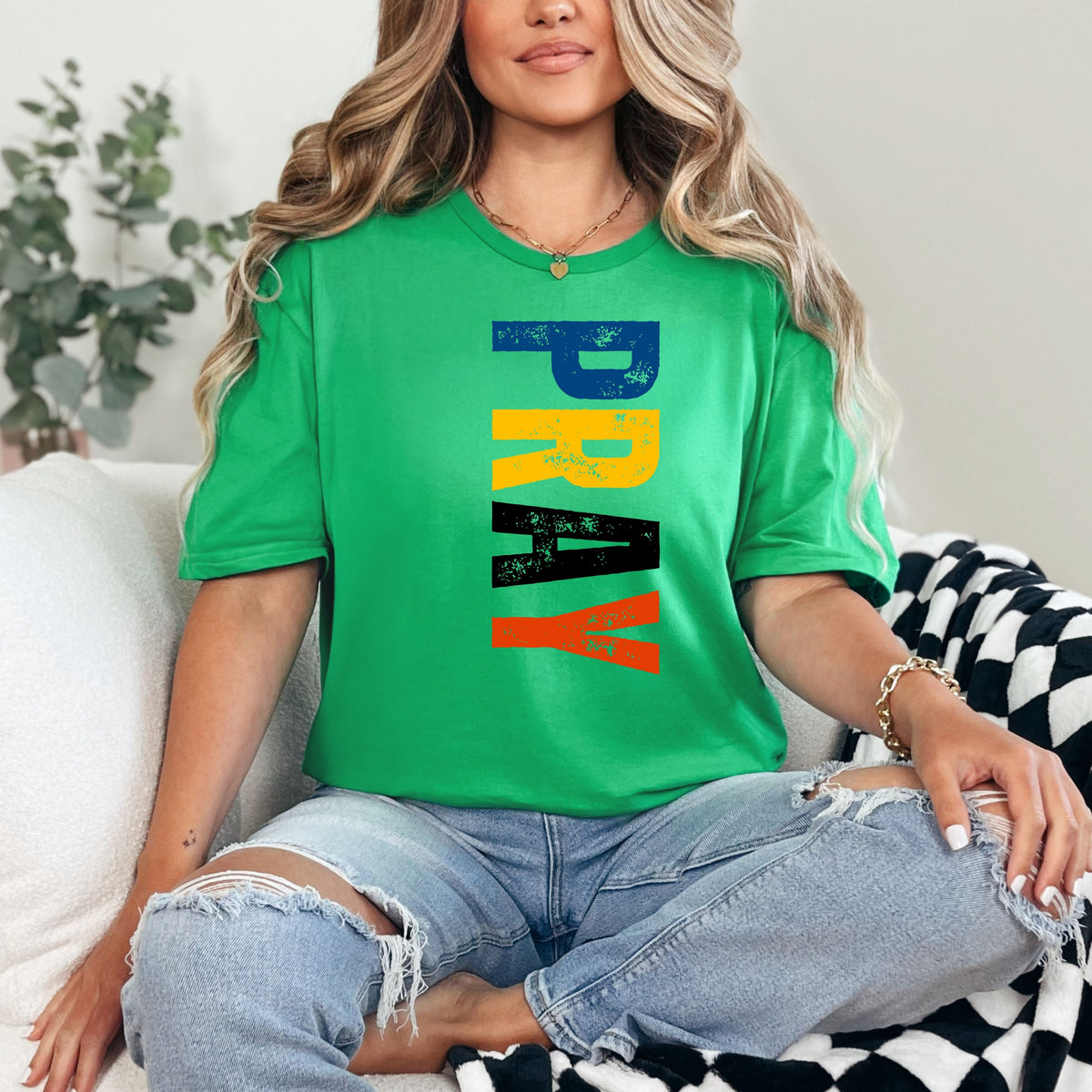 Pray vertical distressed text T-Shirt | Religious typography tee, faith graphic tee, Christian shirt, inspirational quote, unisex casual tee