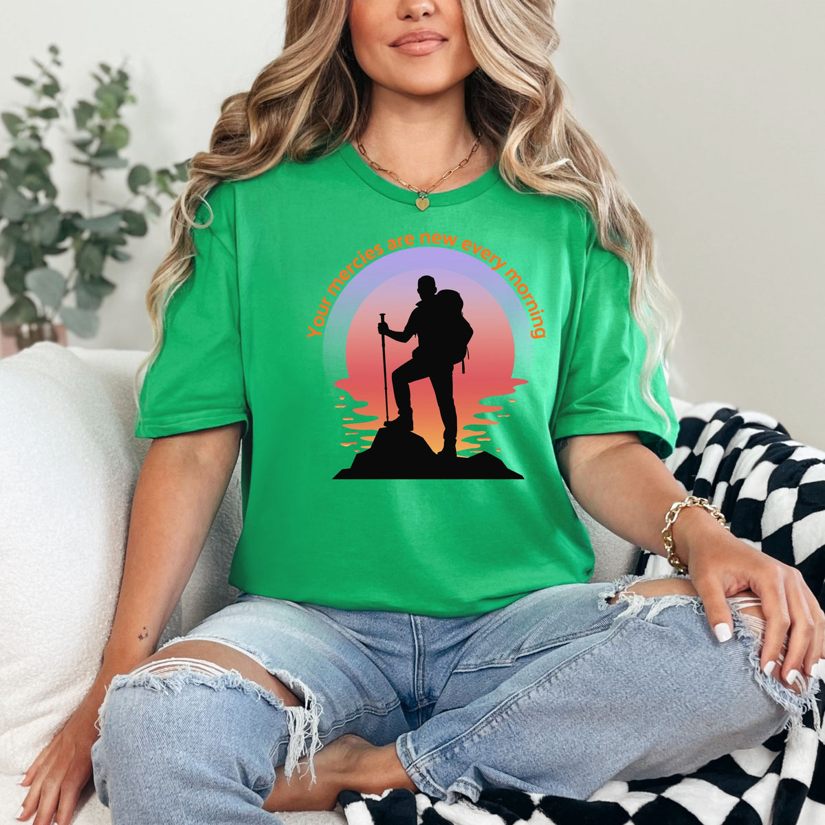 Your Mercies Are New Every Morning T-Shirt | Hiker Silhouette Sunrise Faith Tee