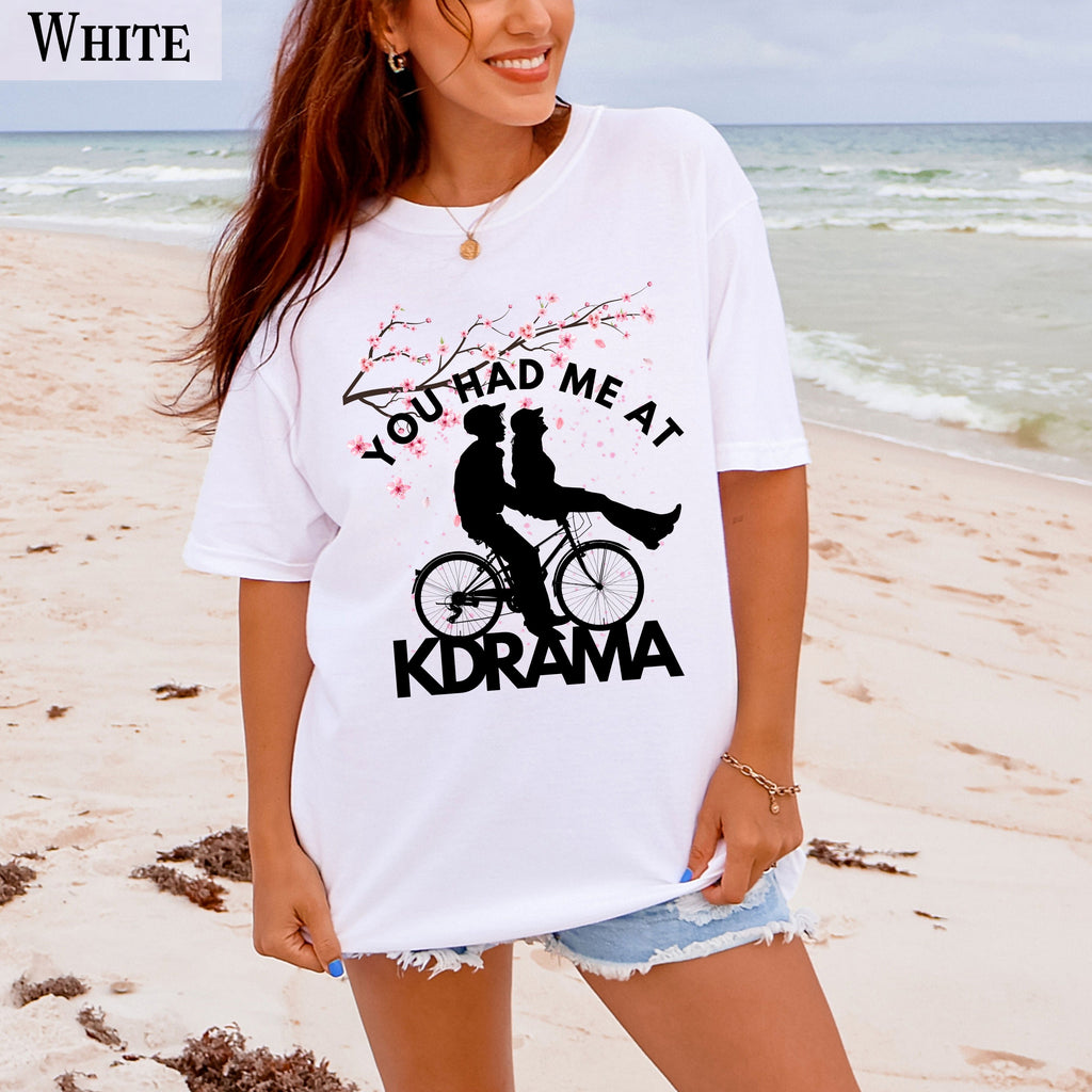 KDrama cherry blossom T-shirt Couple riding Bike Graphic Tee, Korean style, Korean merch, Kdrama aesthetic, cute graphic tee, Korean gift