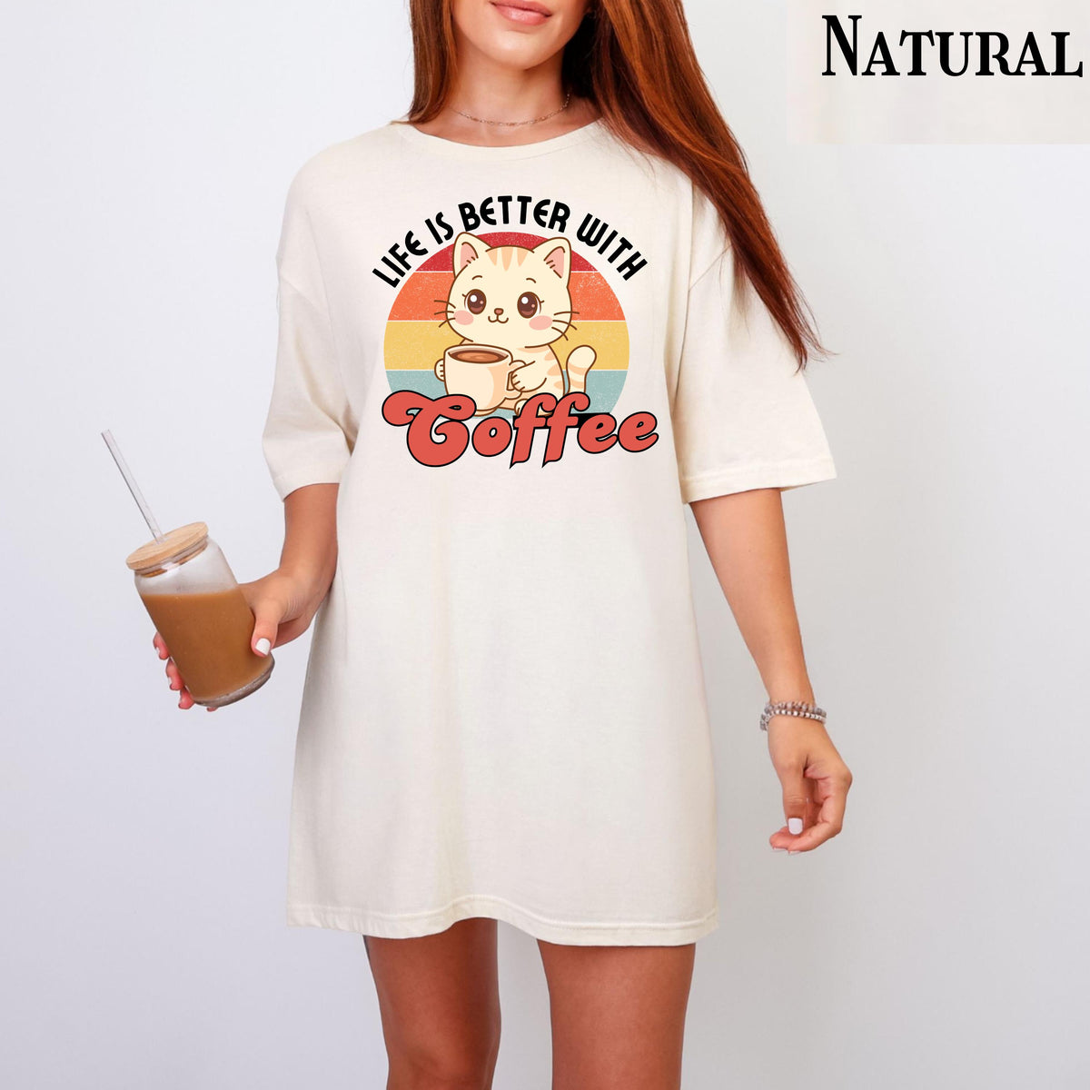 Coffee cat T-Shirt, retro coffee lover gift for cat mama, cute graphic tee, kawaii coffee, coffee addict