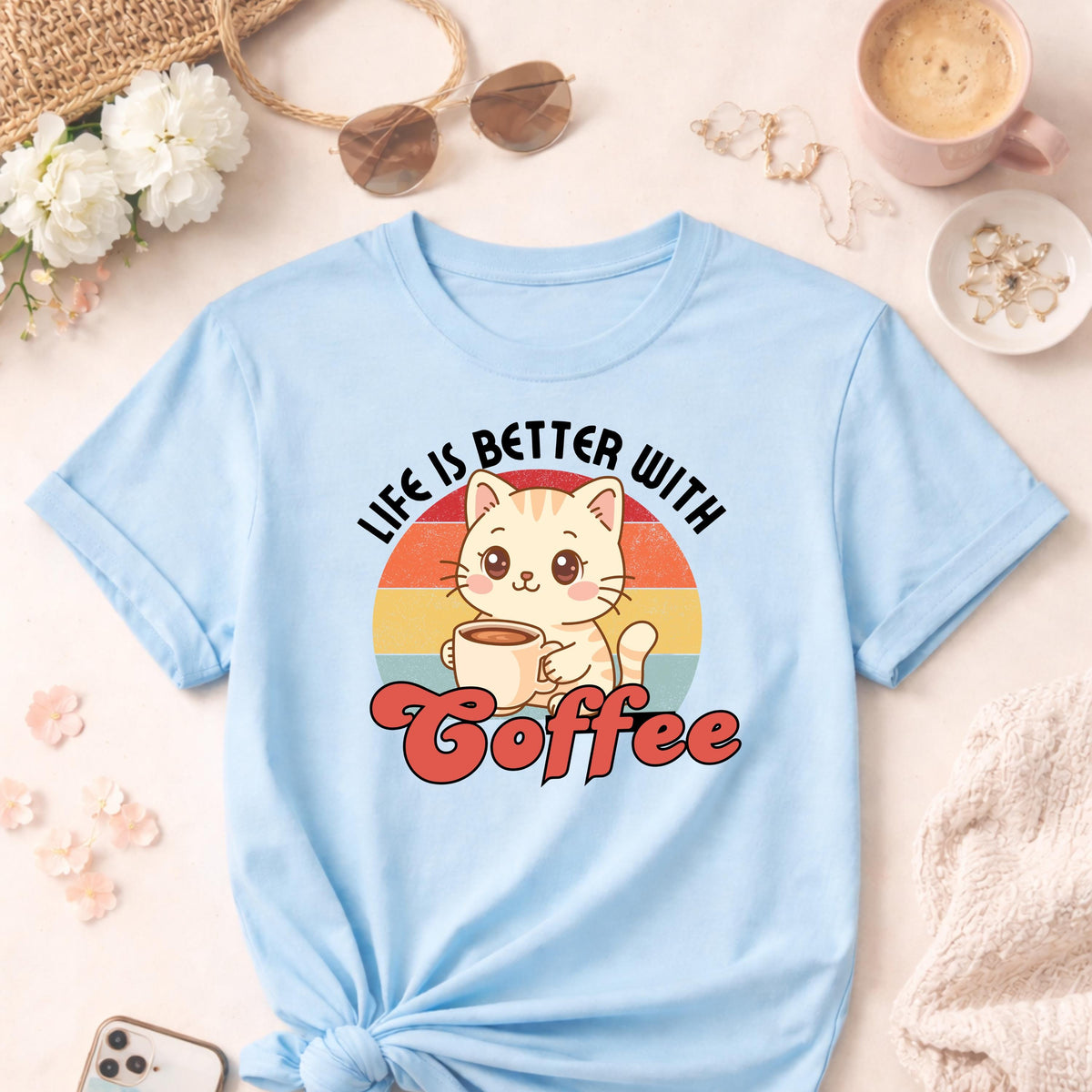 Coffee cat T-Shirt, retro coffee lover gift for cat mama, cute graphic tee, kawaii coffee, coffee addict