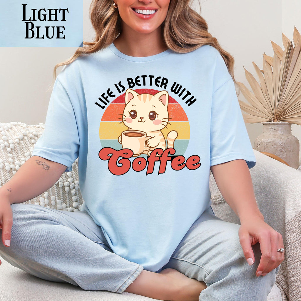 Coffee cat T-Shirt, retro coffee lover gift for cat mama, cute graphic tee, kawaii coffee, coffee addict