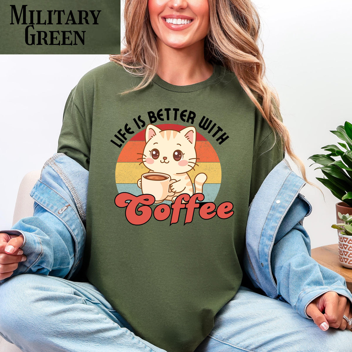 Coffee cat T-Shirt, retro coffee lover gift for cat mama, cute graphic tee, kawaii coffee, coffee addict