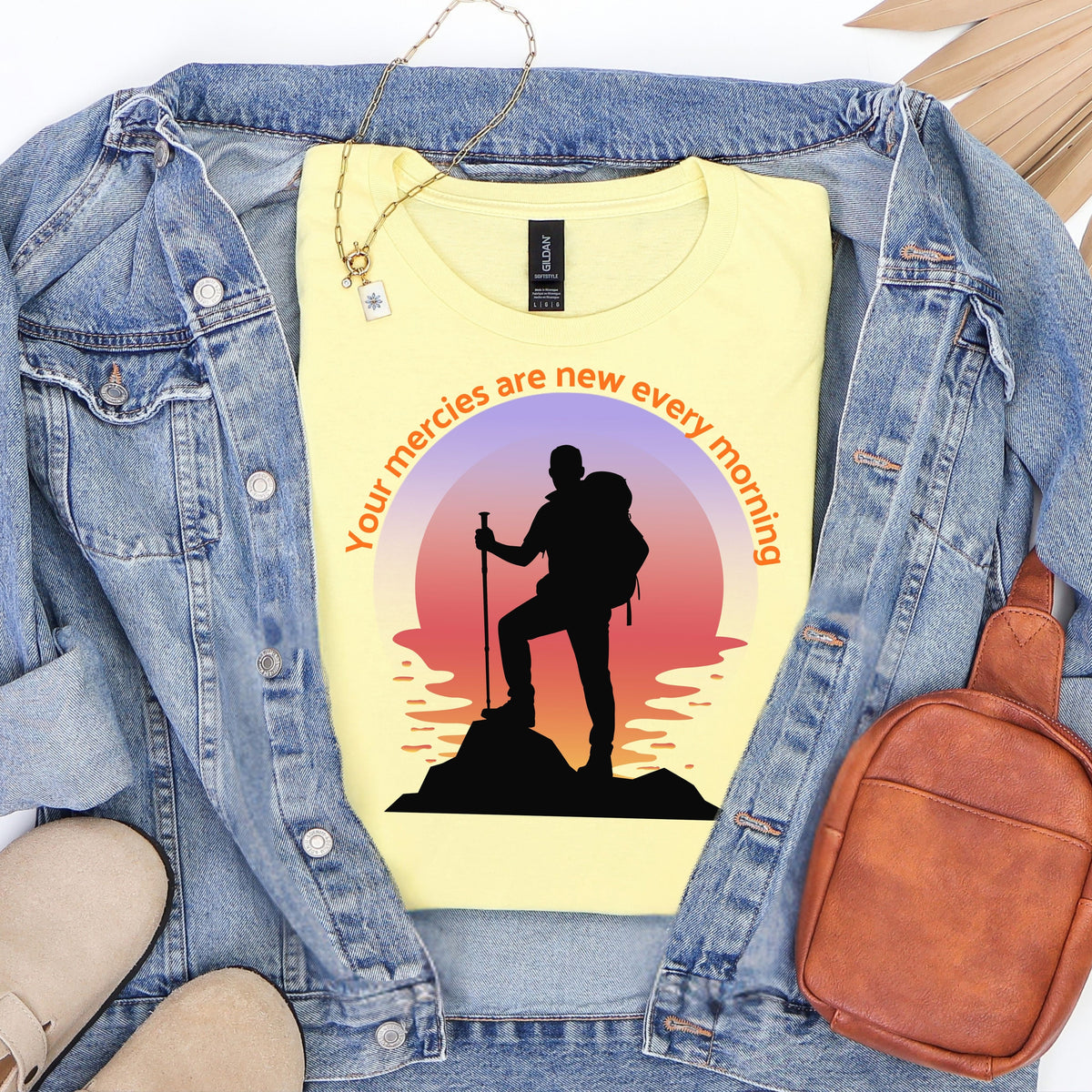 Your Mercies Are New Every Morning T-Shirt | Hiker Silhouette Sunrise Faith Tee