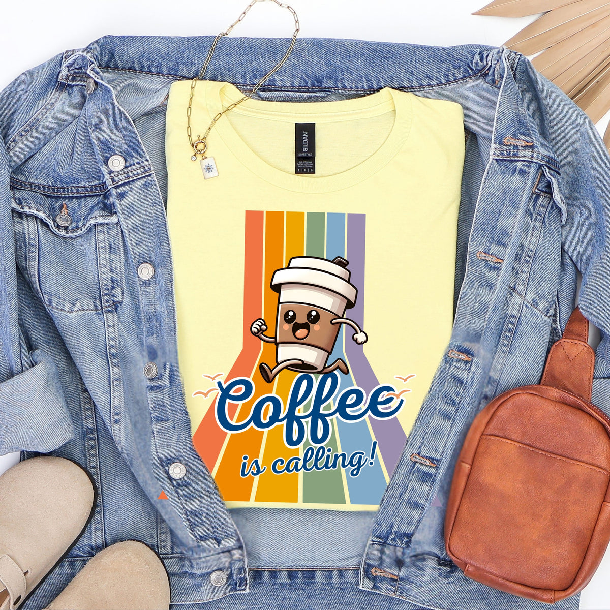 Coffee Is Calling graphic tee | Coffee cup character retro rainbow T-Shirt