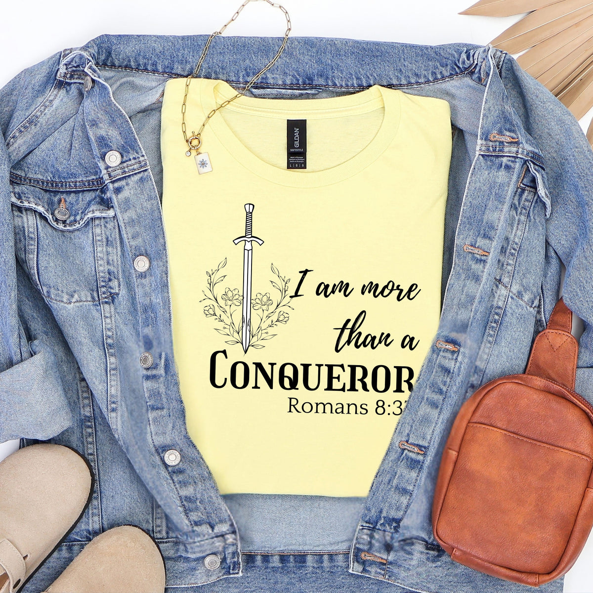 Faith-inspired floral shirt, I Am More Than A Conqueror T-Shirt, Romans 8:37, Christian Tee