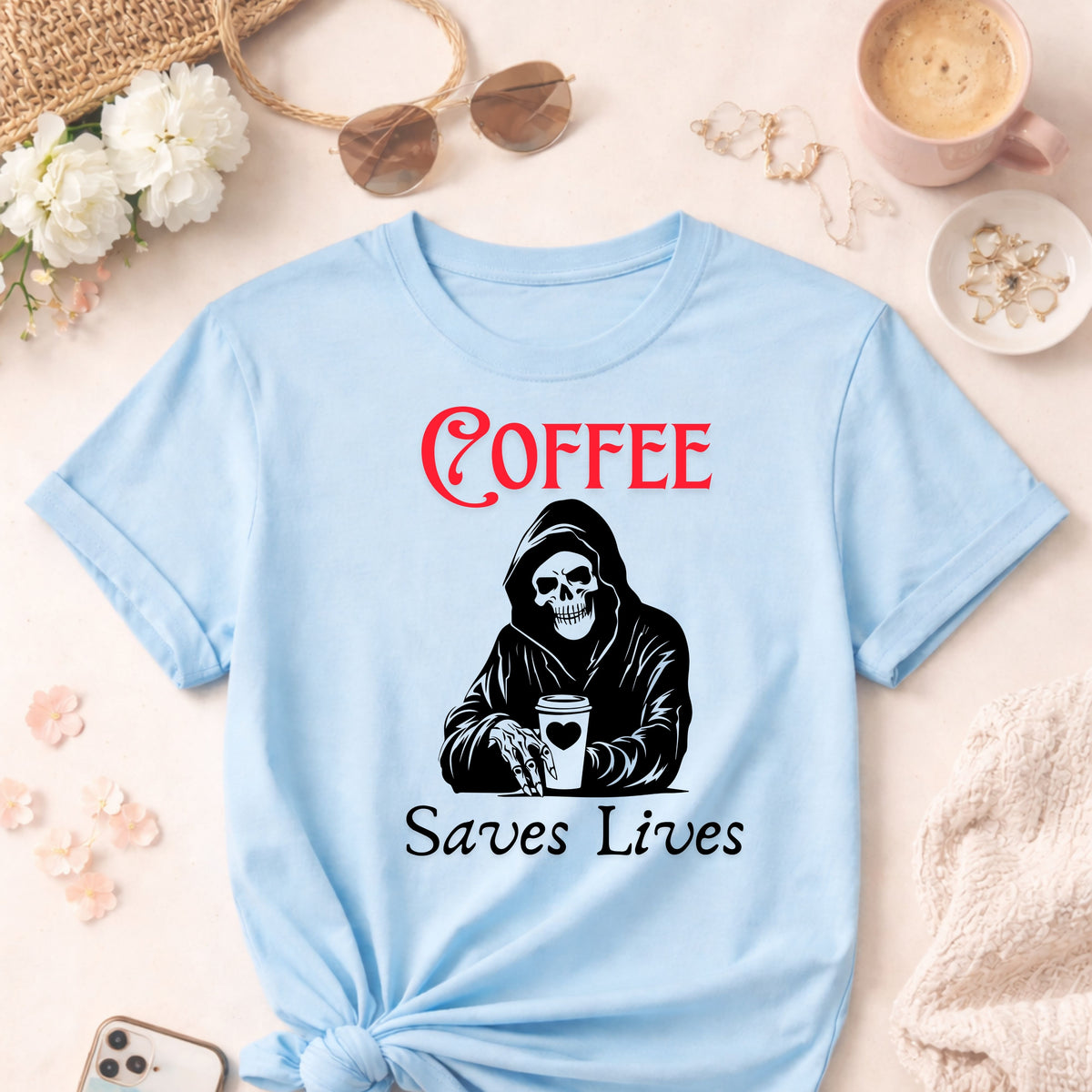 Funny Coffee Lover T-Shirt, Dark Humor Caffeine Addict Gift, Coffee Art, Unisex Casual Tee for Coffee Enthusiasts, Spooky Coffee Shirt