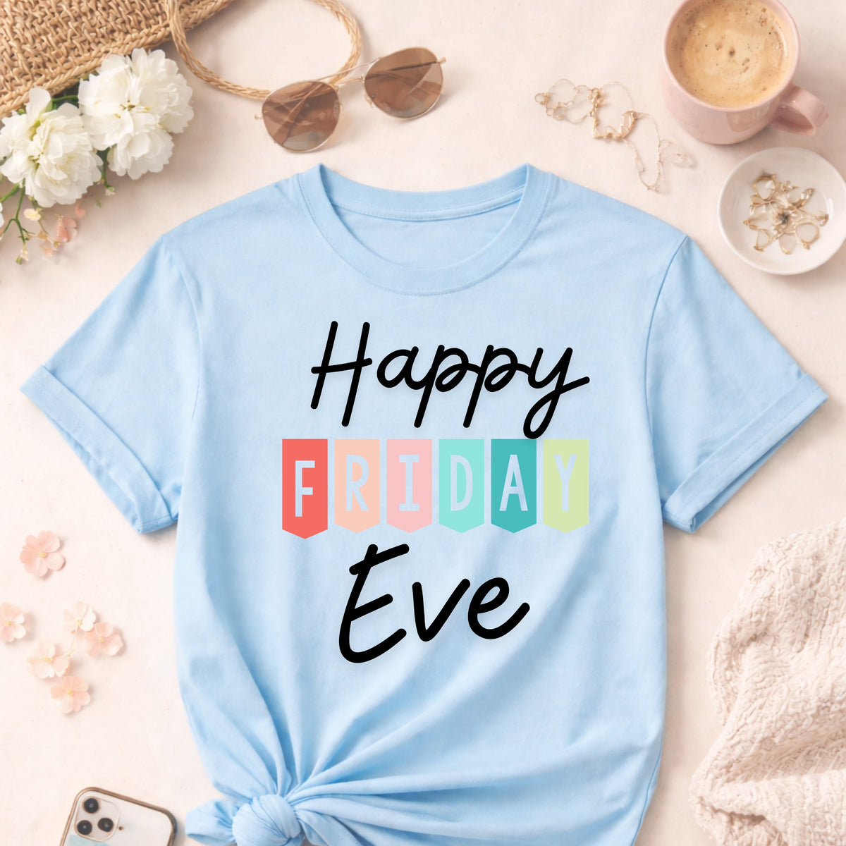 Happy Friday Eve T-Shirt | Colorful Block Letter Weekend Shirt