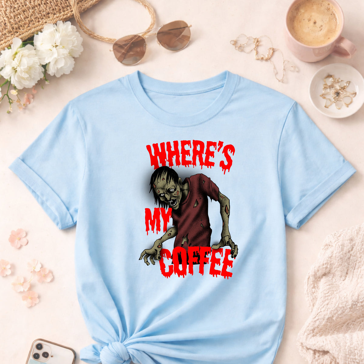Funny Zombie Coffee T-Shirt, Halloween Graphic Tee for Coffee Lovers, Dark Humor, Gift for Him Her, Casual Outfits, Zombie Enthusiasts