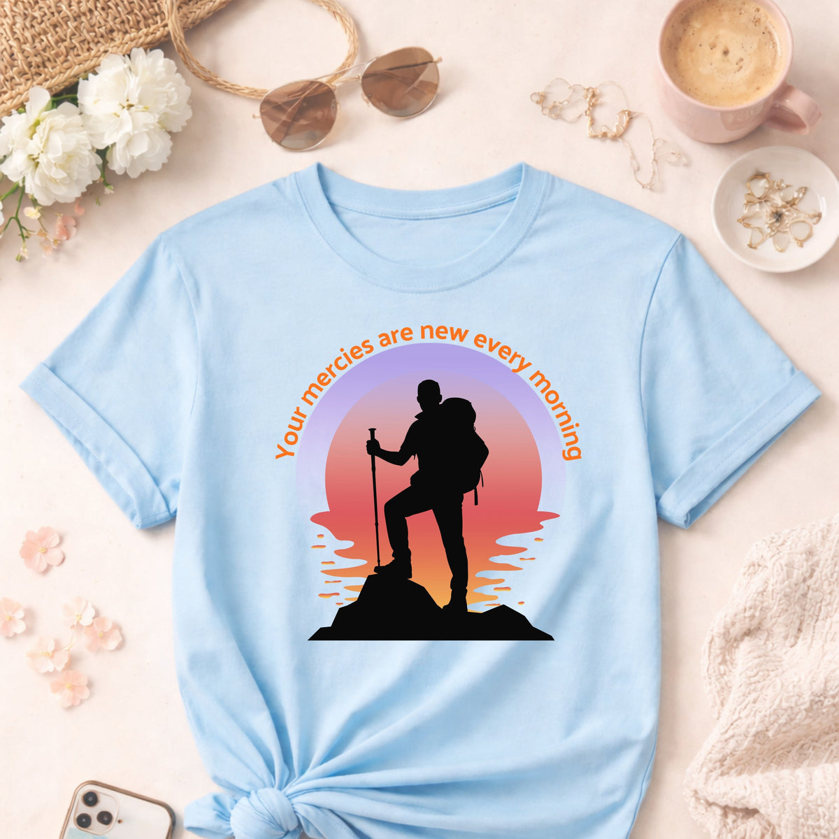 Your Mercies Are New Every Morning T-Shirt | Hiker Silhouette Sunrise Faith Tee