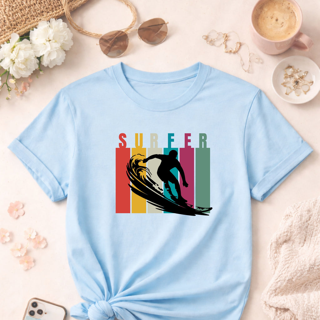 Retro Surfer Graphic T-Shirt — Vintage Striped Wave Tee