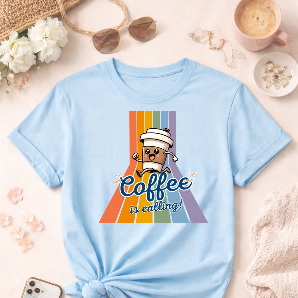 Coffee Is Calling graphic tee | Coffee cup character retro rainbow T-Shirt