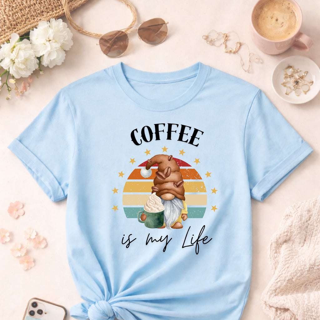 Coffee Is My Life Retro Gnome Tee — Cozy Coffee Lover T-Shirt