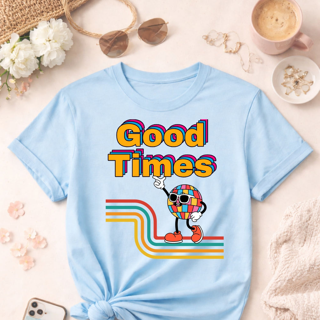 Good Times Retro Disco Character T-Shirt | 70s Vibes, Rainbow Typography