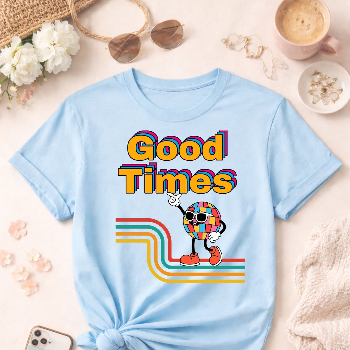 Good Times Retro Disco Character T-Shirt | 70s Vibes, Rainbow Typography