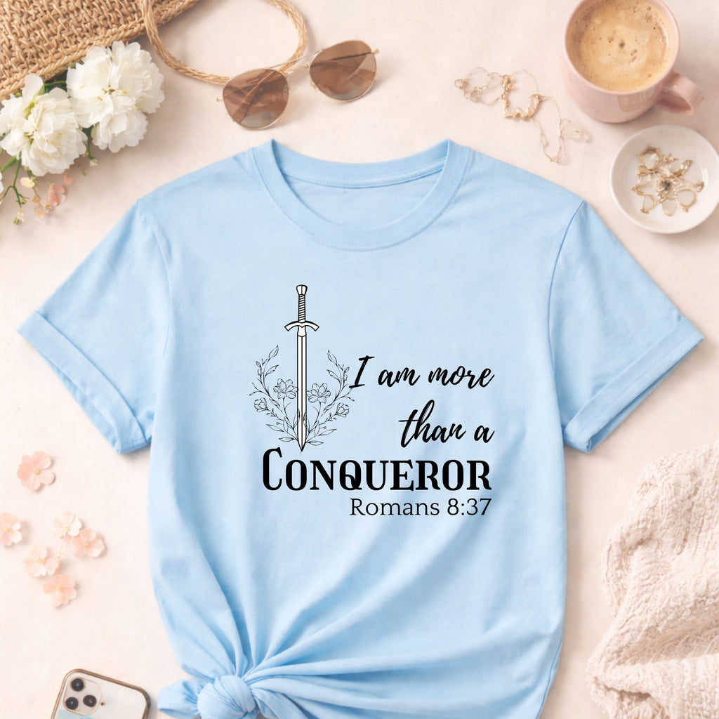 Faith-inspired floral shirt, I Am More Than A Conqueror T-Shirt, Romans 8:37, Christian Tee