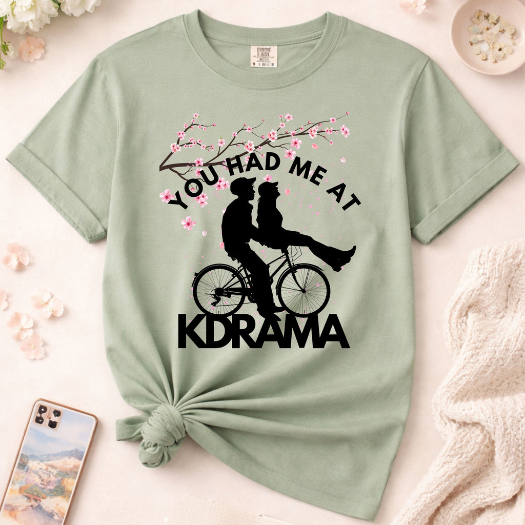KDrama cherry blossom T-shirt Couple riding Bike Graphic Tee, Korean style, Korean merch, Kdrama aesthetic, cute graphic tee, Korean gift
