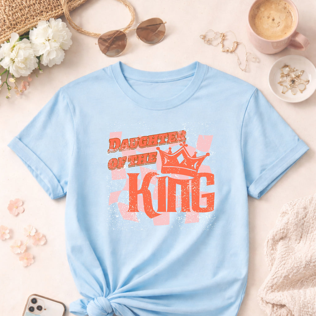 Christian Faith Tee Daughter of the King T-Shirt with retro distressed Crown graphic design