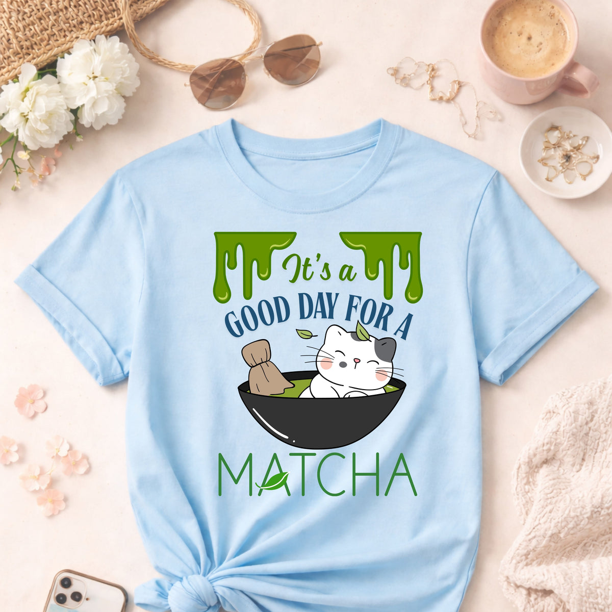 Funny Matcha cat shirt, It's a Good Day for a Matcha T-Shirt | green tea lovers graphic tee gift