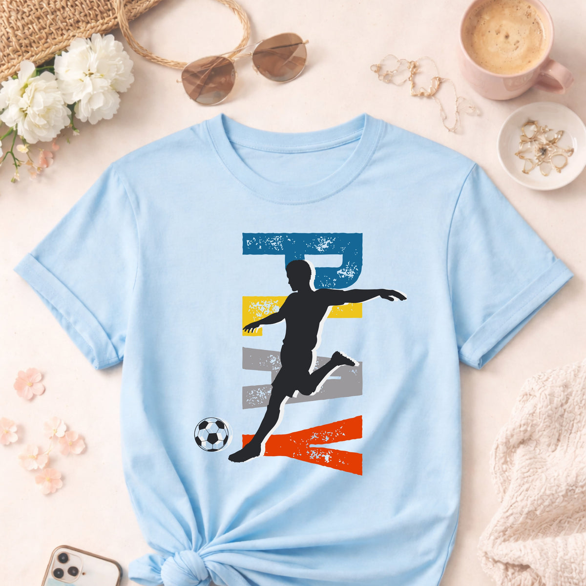 Soccer Player Silhouette T-Shirt — Retro Stripes Football Tee