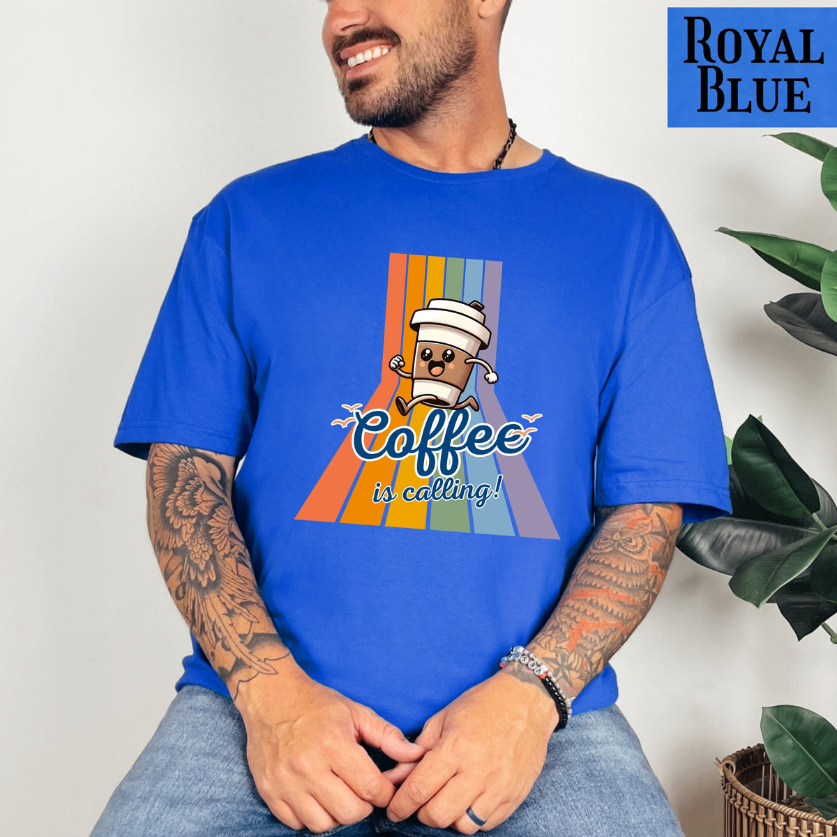 Coffee Is Calling graphic tee | Coffee cup character retro rainbow T-Shirt