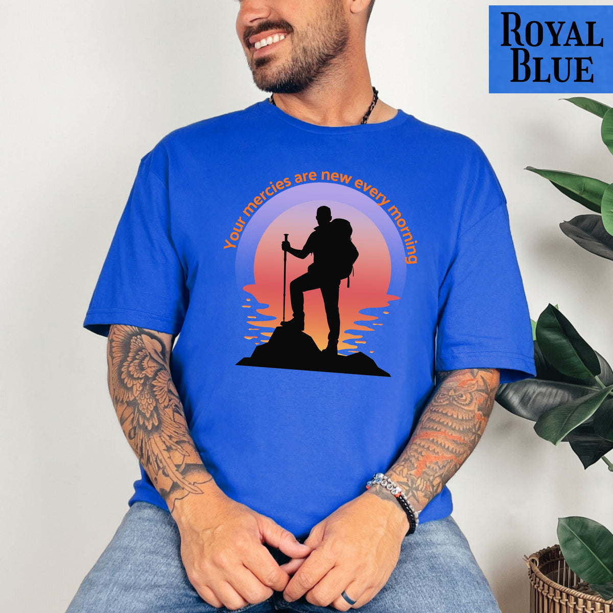 Your Mercies Are New Every Morning T-Shirt | Hiker Silhouette Sunrise Faith Tee