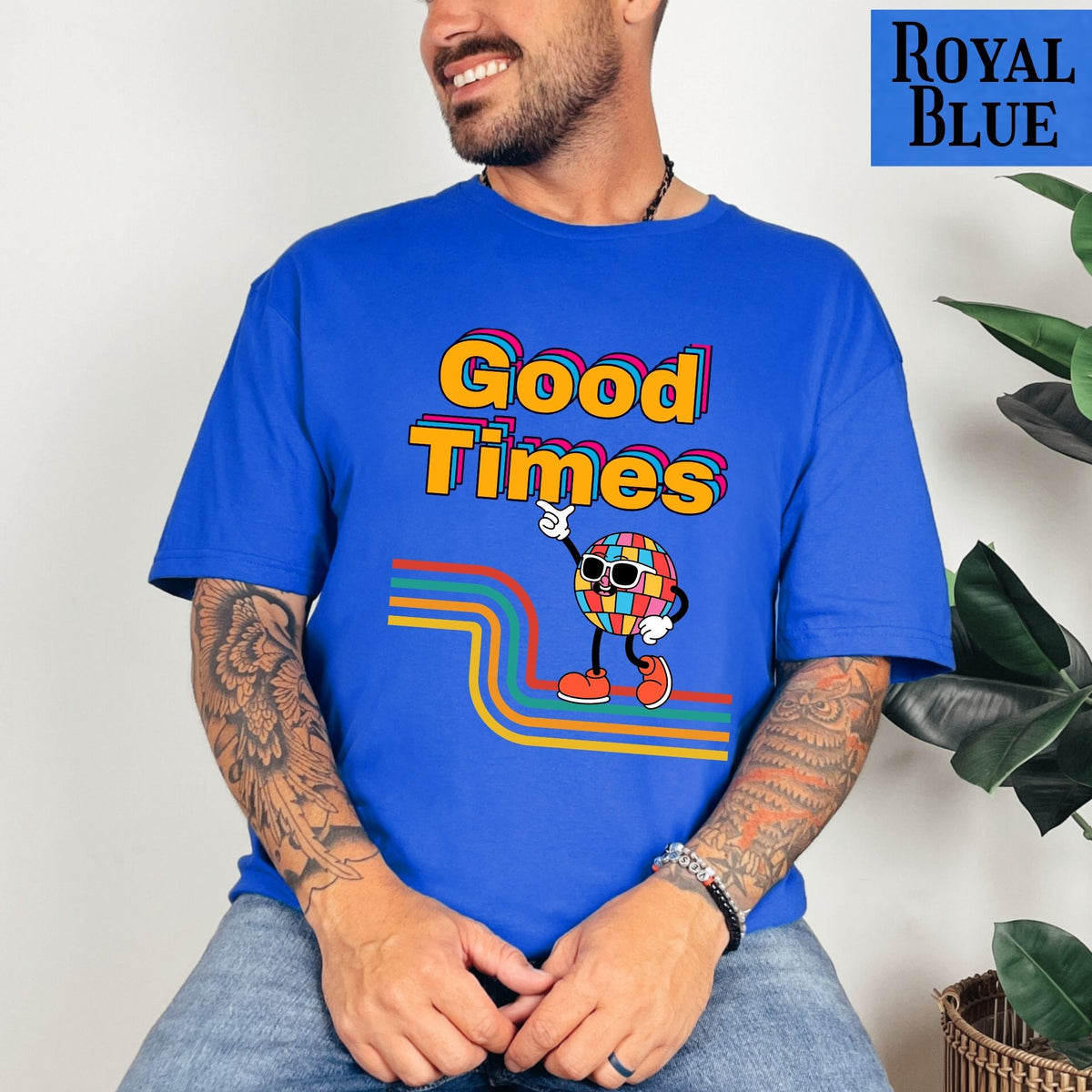 Good Times Retro Disco Character T-Shirt | 70s Vibes, Rainbow Typography