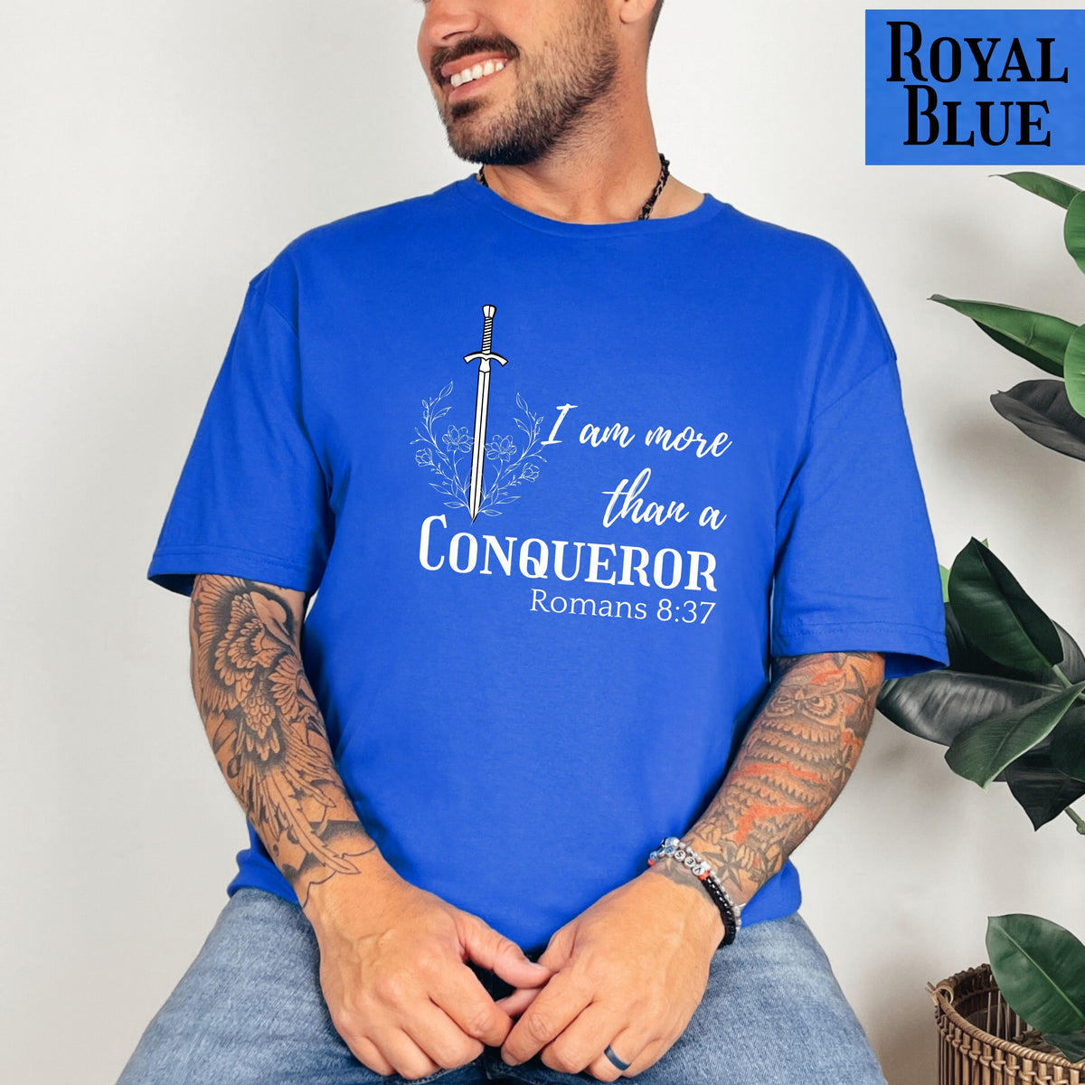 Faith-inspired floral shirt, I Am More Than A Conqueror T-Shirt, Romans 8:37, Christian Tee