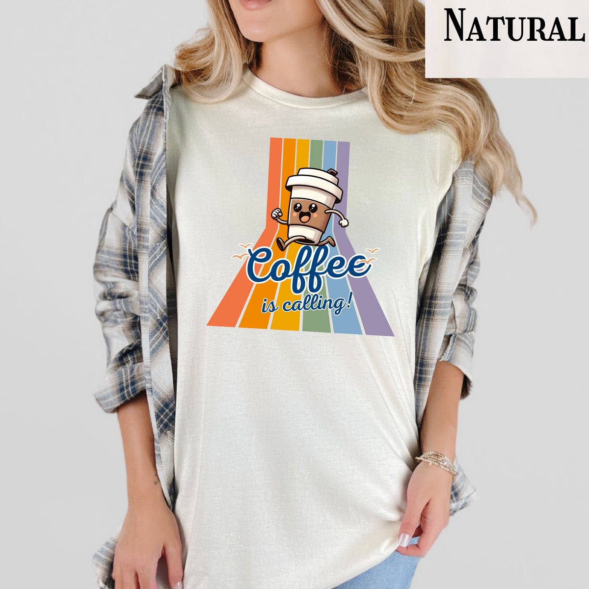 Coffee Is Calling graphic tee | Coffee cup character retro rainbow T-Shirt