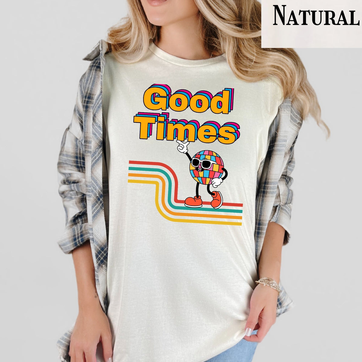 Good Times Retro Disco Character T-Shirt | 70s Vibes, Rainbow Typography