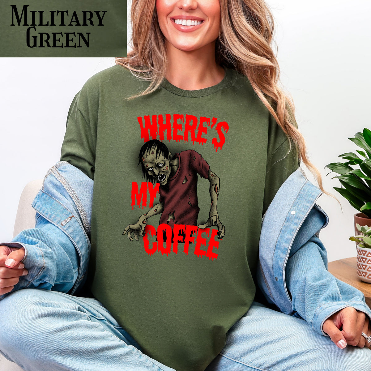 Funny Zombie Coffee T-Shirt, Halloween Graphic Tee for Coffee Lovers, Dark Humor, Gift for Him Her, Casual Outfits, Zombie Enthusiasts