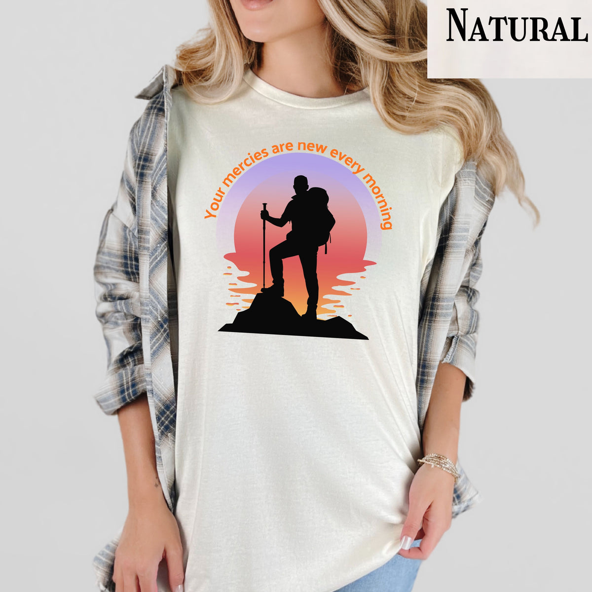 Your Mercies Are New Every Morning T-Shirt | Hiker Silhouette Sunrise Faith Tee