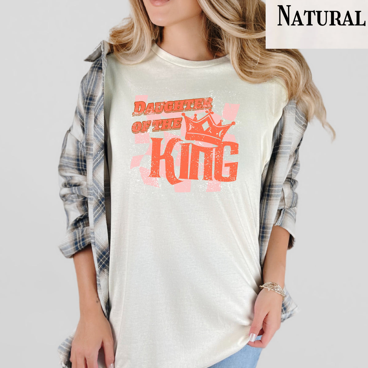 Christian Faith Tee Daughter of the King T-Shirt with retro distressed Crown graphic design