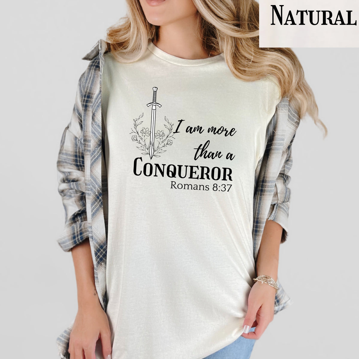 Faith-inspired floral shirt, I Am More Than A Conqueror T-Shirt, Romans 8:37, Christian Tee