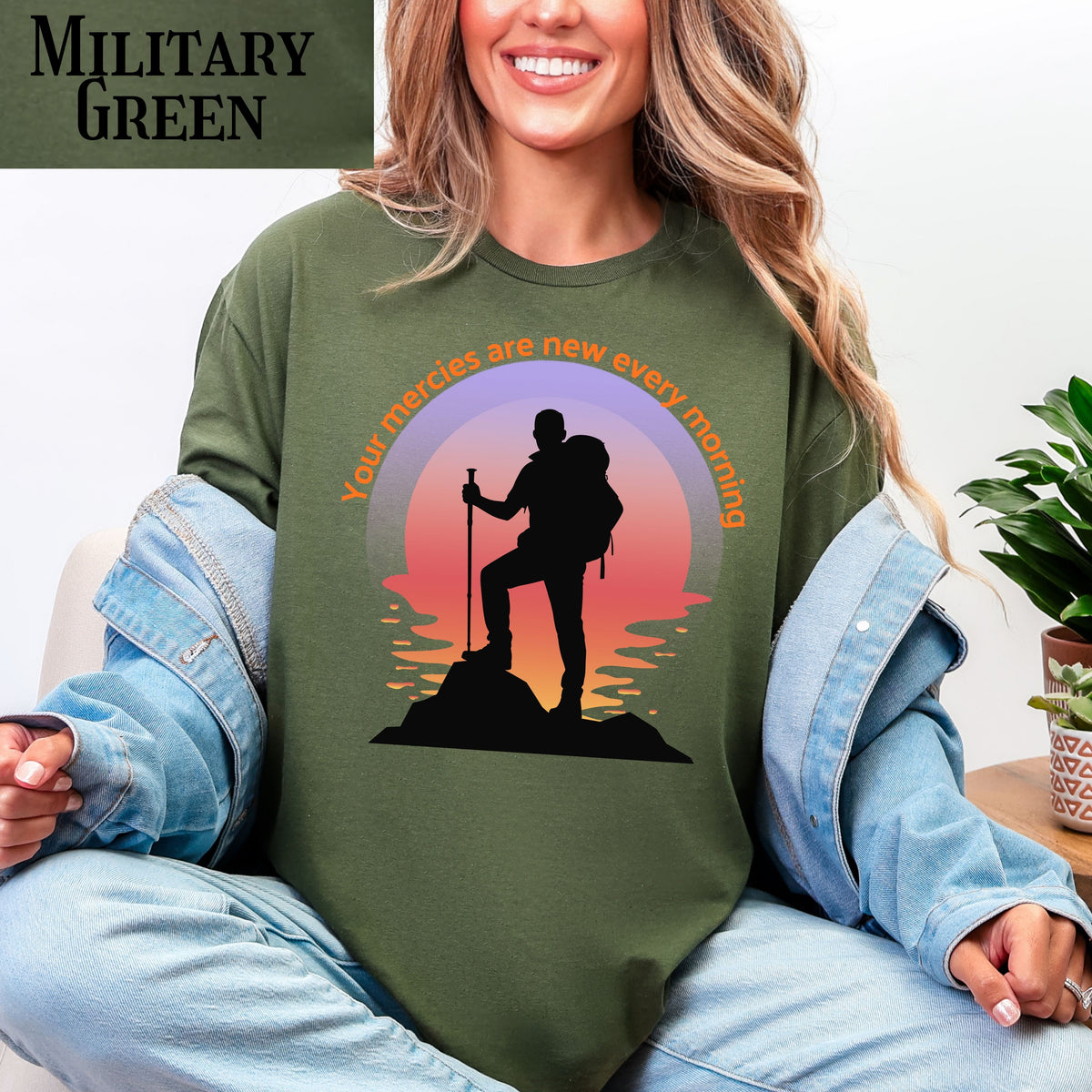 Your Mercies Are New Every Morning T-Shirt | Hiker Silhouette Sunrise Faith Tee