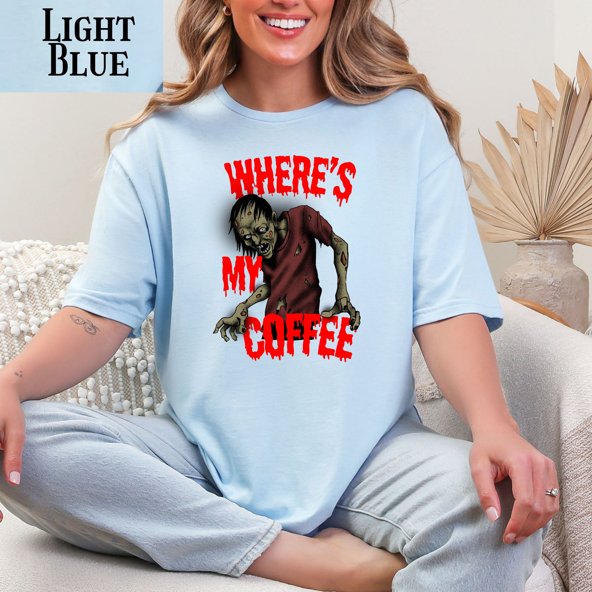 Funny Zombie Coffee T-Shirt, Halloween Graphic Tee for Coffee Lovers, Dark Humor, Gift for Him Her, Casual Outfits, Zombie Enthusiasts