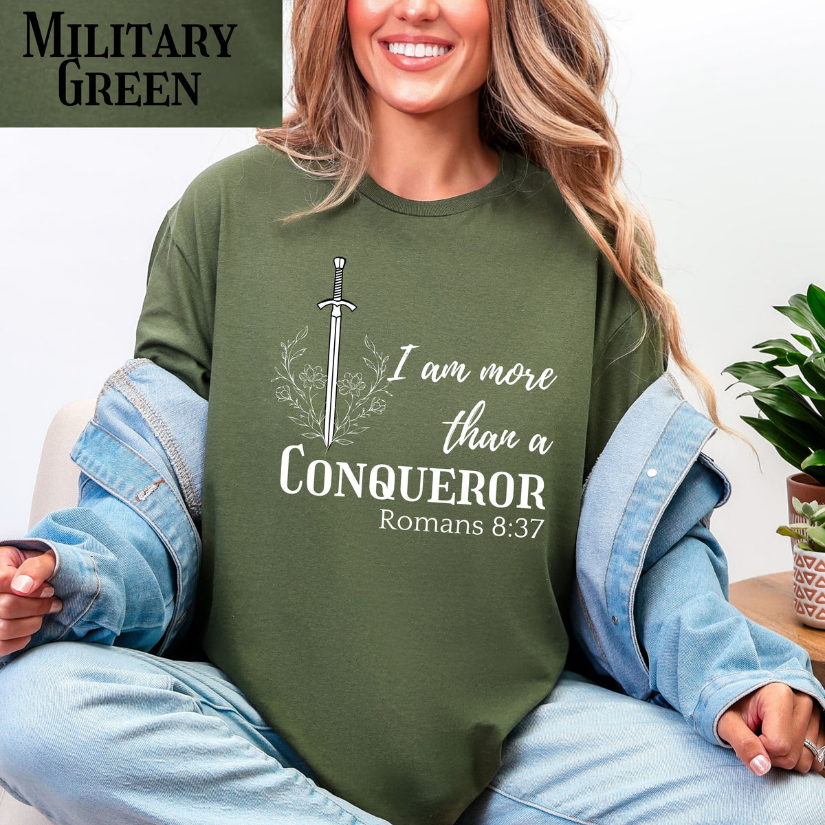Faith-inspired floral shirt, I Am More Than A Conqueror T-Shirt, Romans 8:37, Christian Tee
