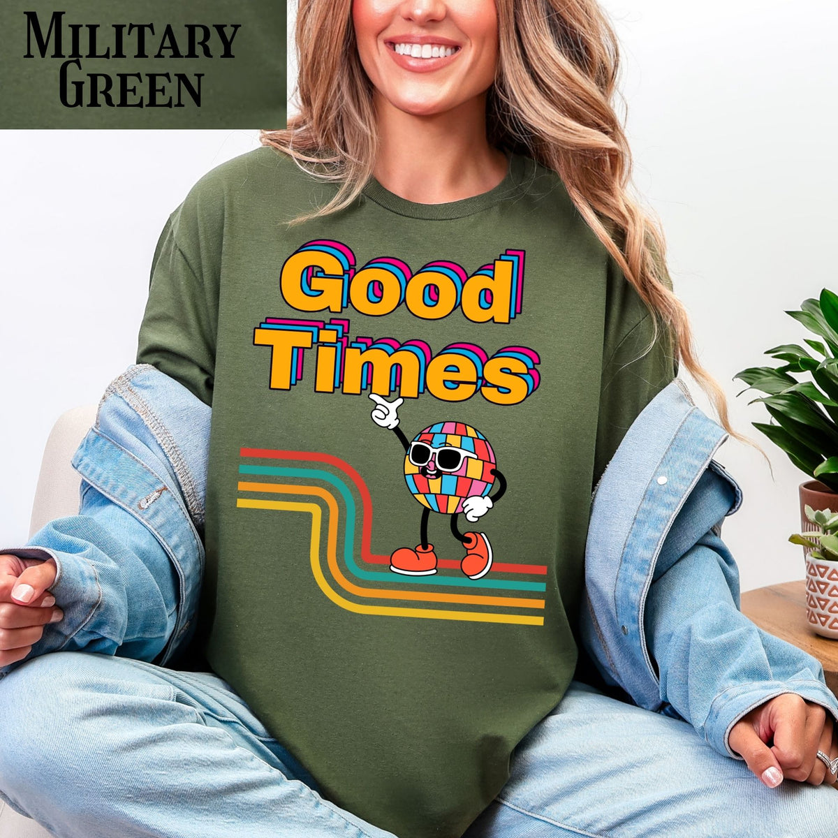 Good Times Retro Disco Character T-Shirt | 70s Vibes, Rainbow Typography