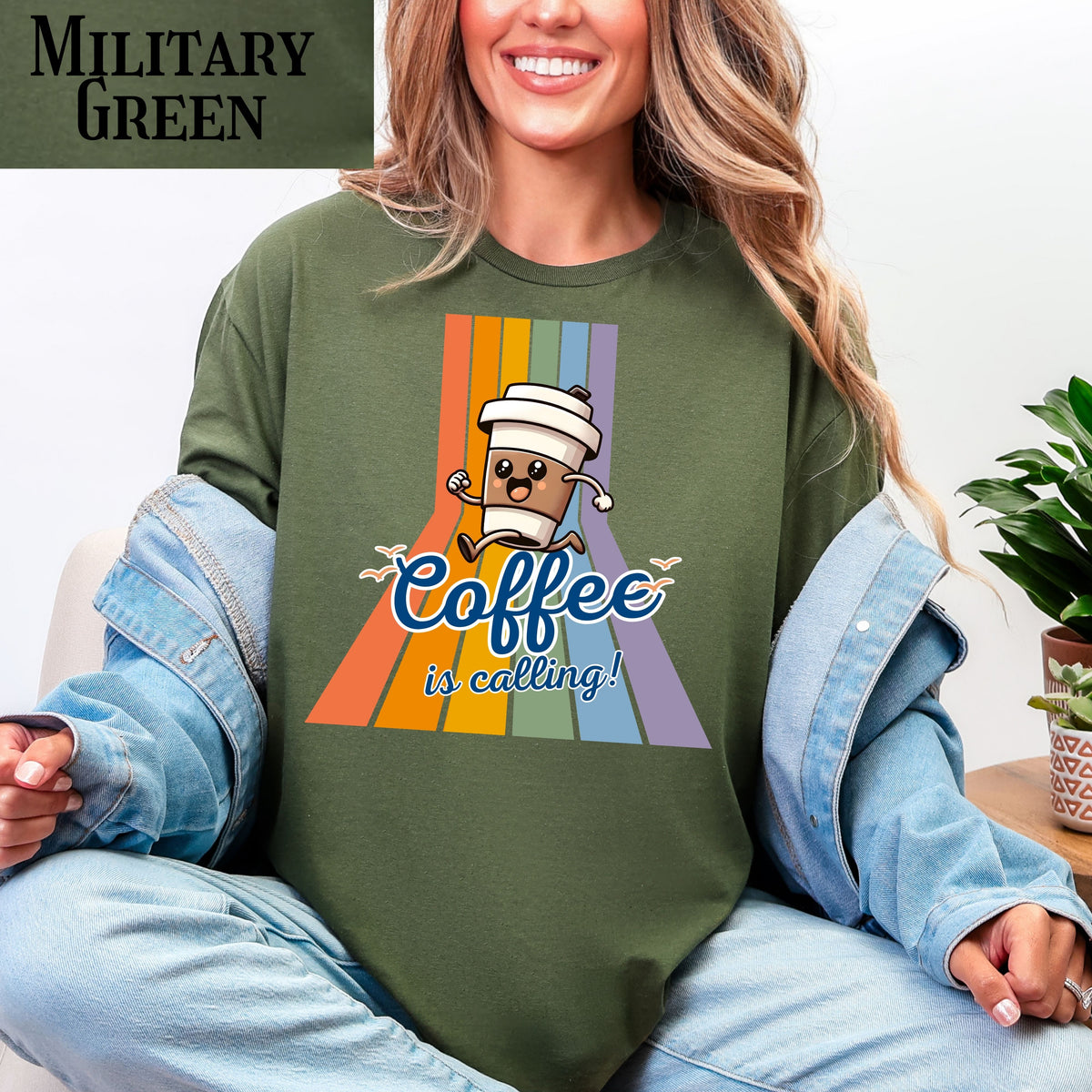 Coffee Is Calling graphic tee | Coffee cup character retro rainbow T-Shirt